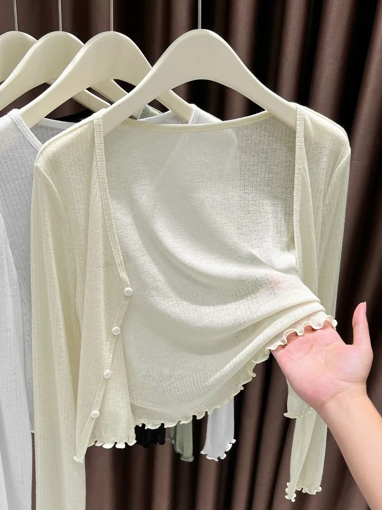 

Women's Knitted Ice Silk Thin Cardigan Brand Button up Outerwear Korean Style Loose Fit V-Neck Short Length Summer Fashion