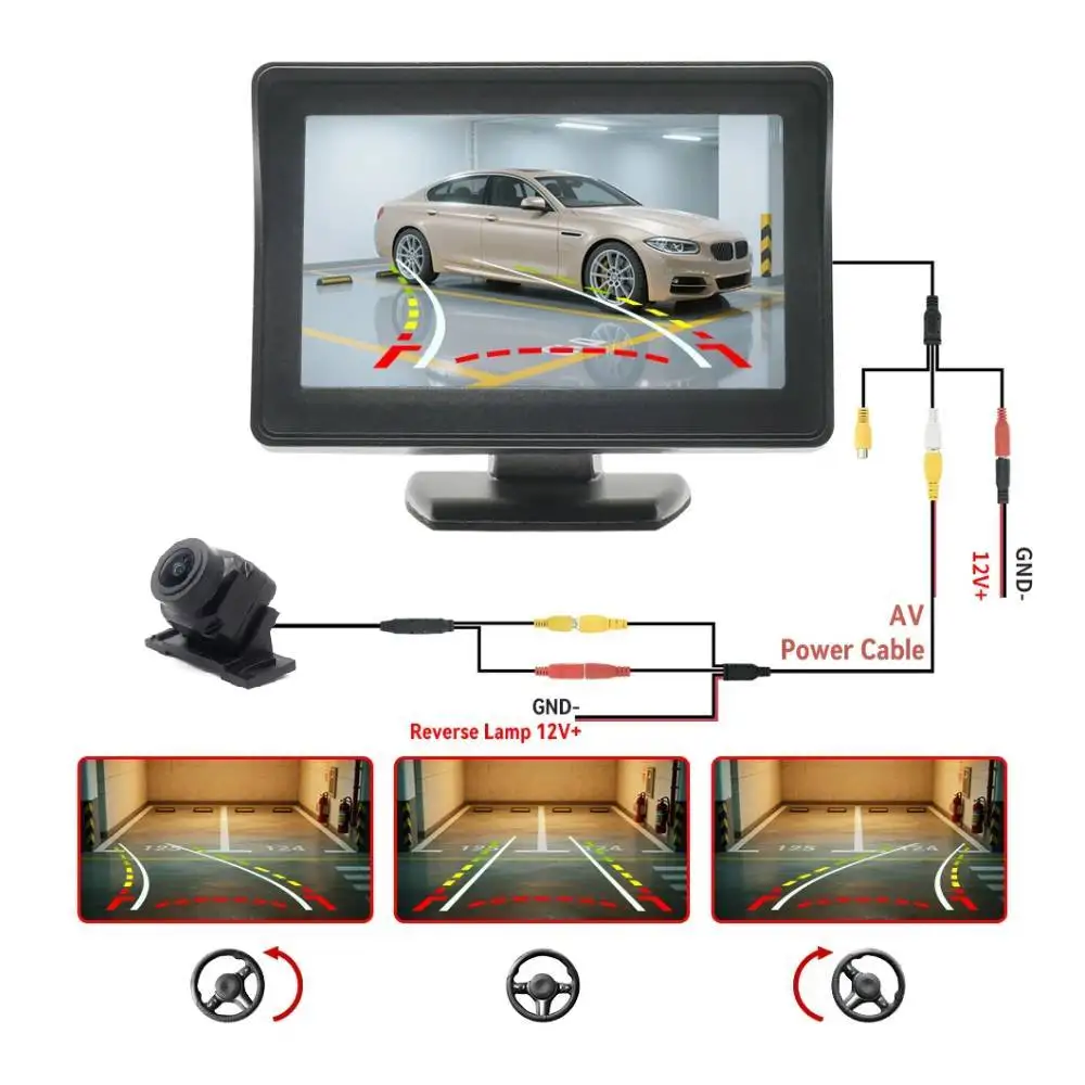 4.3in Car Monitor Dynamic Trajectory Rear View Camera+ Backup Camera Reverse System for Car SUV Pickup Camper Tractor Van RV Etc