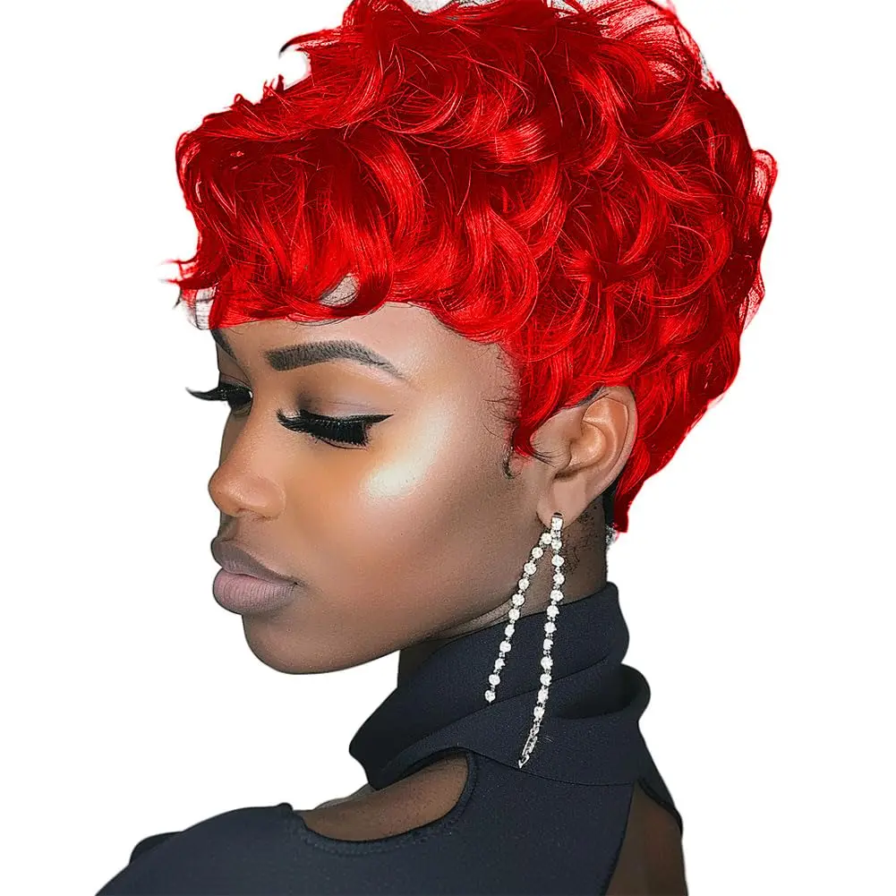 Red Short Synthetic Wigs for Black Women Short Pixie Cut Wigs Curly Hair Replacement Short Red Layered Wavy With Bangs