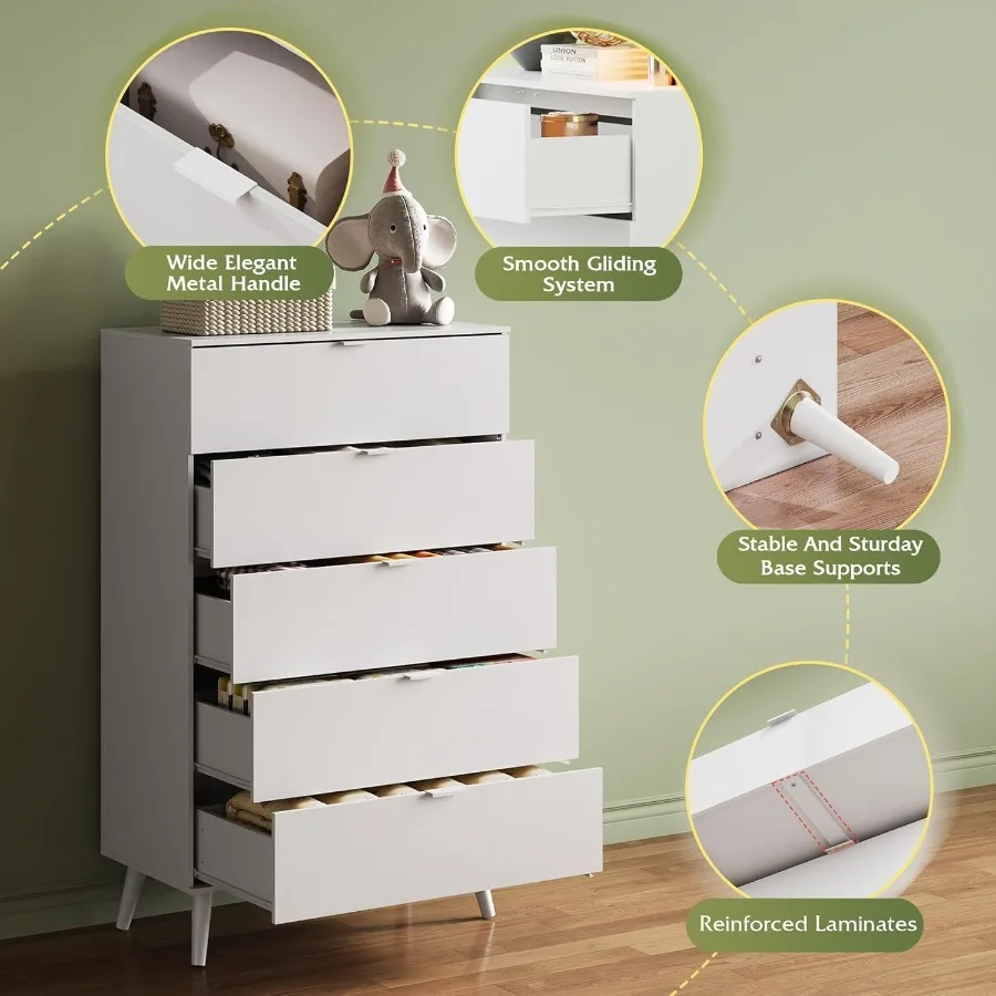 خزانة ذات 5 أدراج لغرفة النوم، خزانة خشبية طويلة مع لمسة نهائية بيضاء، مقابض معدنية قوية، منظم تخزين مثالي لغرفة المعيشة #6