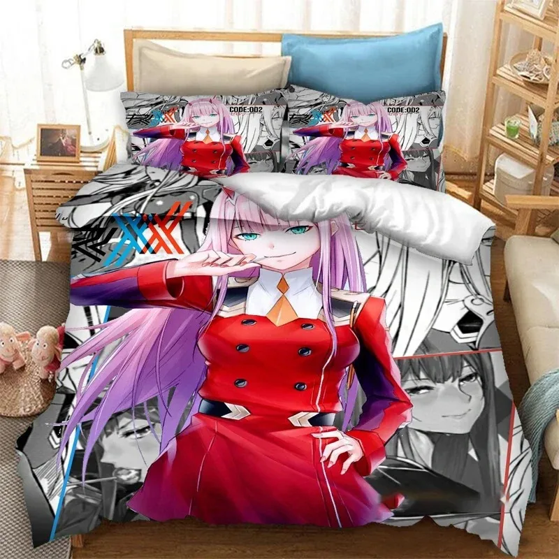 Kawaii Girls DARLING in the FRANXX Zero Two Anime Bedding Set Boys Girls Twin Queen Size Duvet Cover Pillowcase Bed Kids Adult