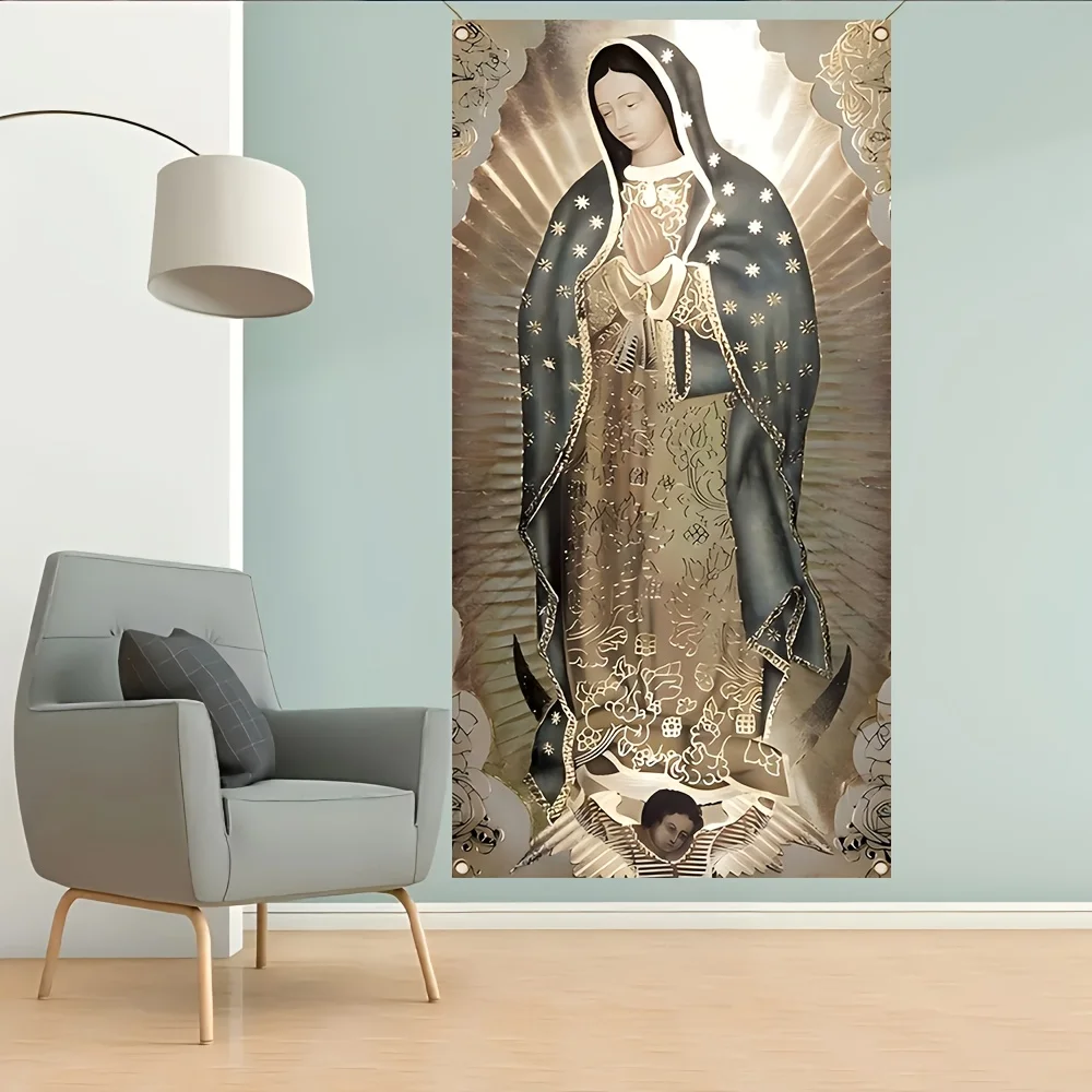 Un paño de fondo clásico dorado plano 2D, un cartel de retrato de cuerpo completo de la Virgen María, adecuado para decoración del hogar