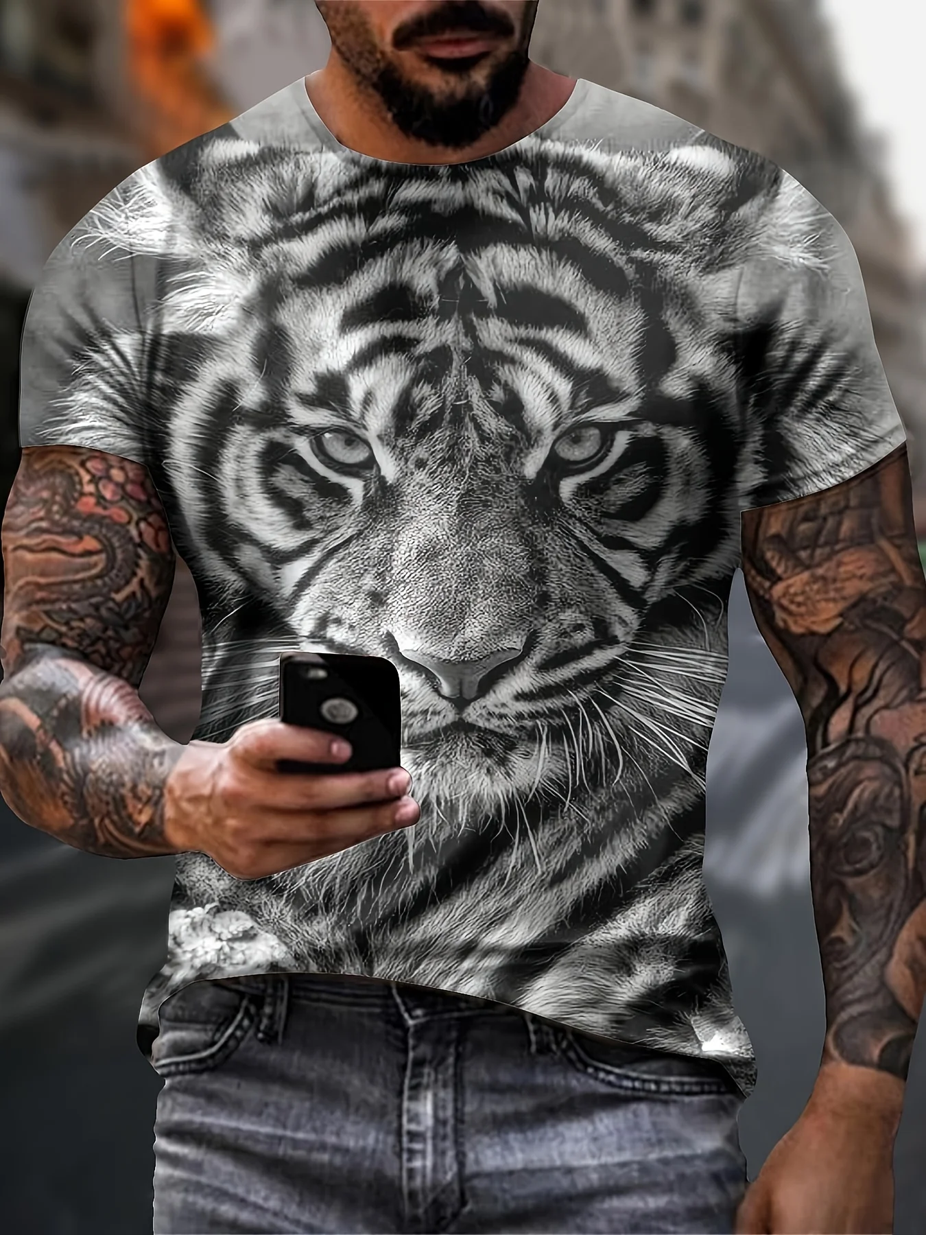 Men Tiger Face Print T Shirt Black White Gothic Streetwear Short Sleeve Tee Graphic Casual Top Fashion