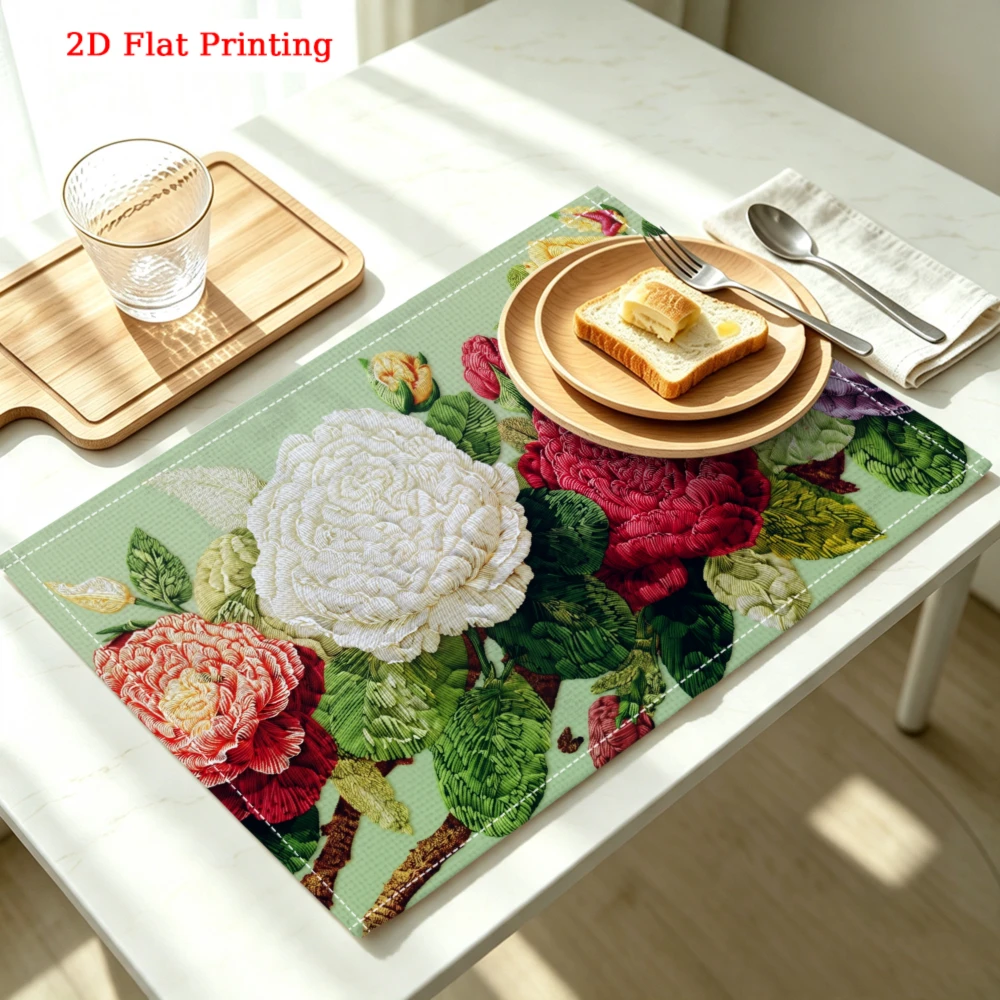Colorful Floral Bouquet Print Design Kitchen Placemat Coaster Linen Pad Dish Coffee Cup Table Mat 30x40cm Home Decor