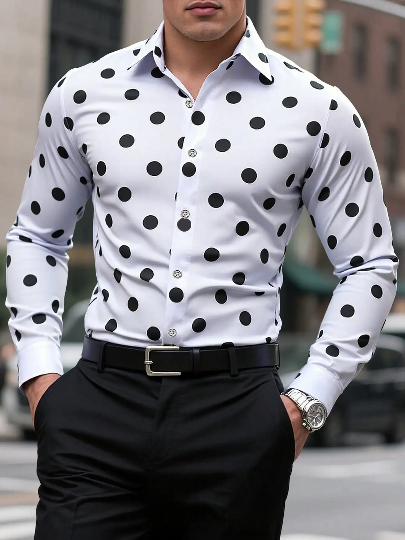 

Men's White Black Polka Dot Long Sleeve Casual Shirt Slim Fit
