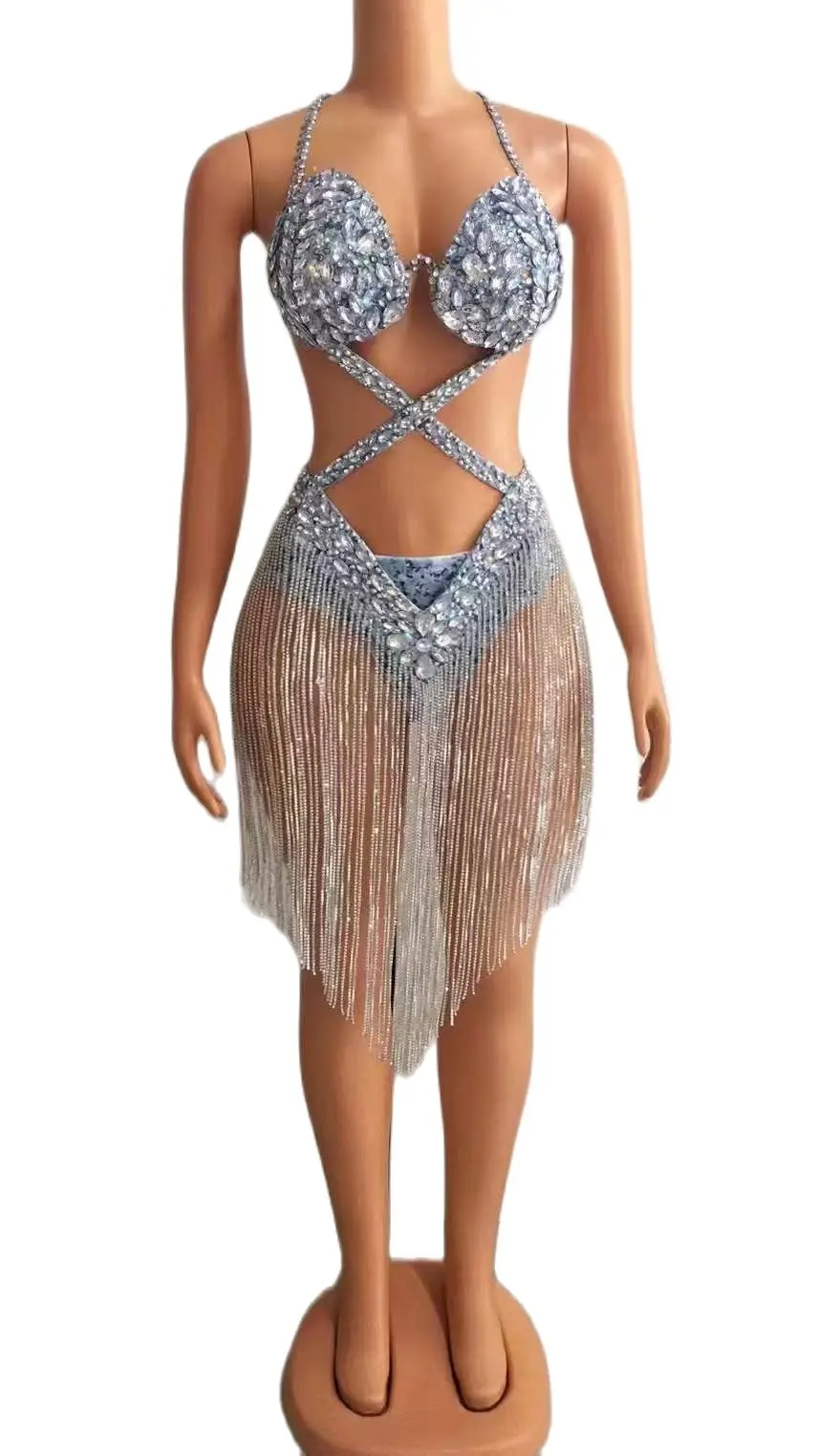 Women Sexy Rhinestone Bikini Set Fringe Outfit Sparkly Performance Stage Wear