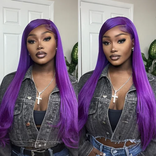 Imagen 2 del producto Peluca con malla frontal sintética larga y recta púrpura, parte libre, línea de cabello prearrancada, peluca de pelo de color ondulado largo y rizado suelto para mujer