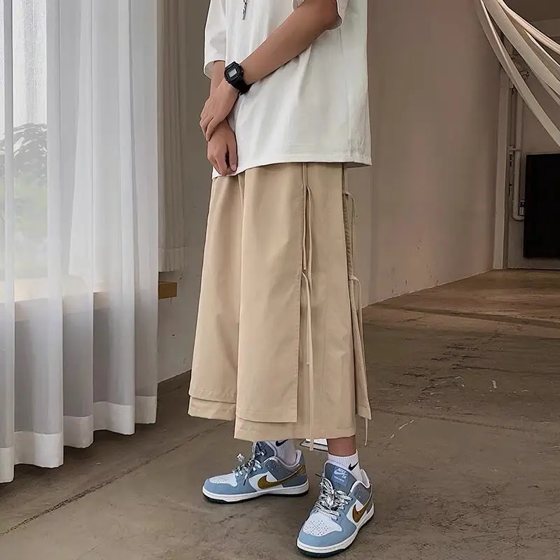 Men Japanese Yamamoto Style Loose Pants Fake 2-piece Design Side Drawstring Trousers Ins Cityboy Hip Hop Cargo Wide Leg Pants