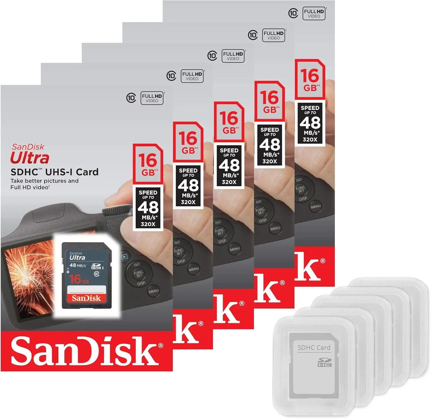 

Карта памяти SanDisk Ultra SDHC 16 ГБ UHS-I Class 10, набор из 5 штук с чехлами, высокоскоростная, для камер и устройств