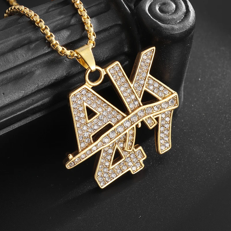 Hip Hop Fashion Ak47 Assault Rifle Letter Pendant Necklace for Men Women Street Rock Rap Party Jewelry