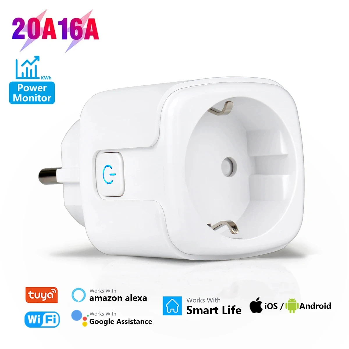 UNKAS AC100-240V EU Socket 16A/20A Wifi Plug Power Outlet Alexa Google Home For Tuya Smart Life APP Remote Voice Control