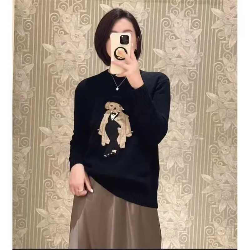 Bear Embroidery Knitted Sweater Pullover Women Autumn Winter Long Sleeve O Neck Korean Y2k Knitwear Coats American Jumper Tops