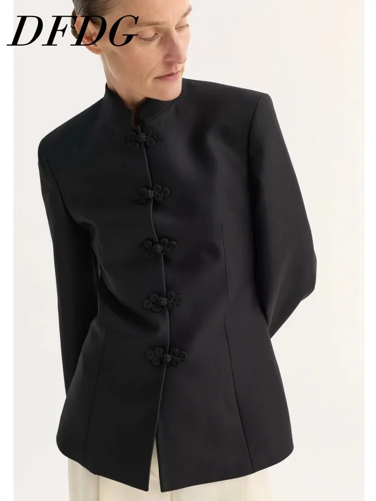 

DFDG Women's Spring Summer Mandarin Collar Knot Button Blazer Elegant Office Casual Formal 2026 Trendy Feminine Fashion Blazer