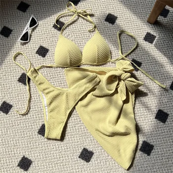 노란색 푸시업 비키니 세트, 3 피스 수영복, 커버업 스트링 홀터, 섹시한 여성 비치 수영복, 2024 Mujer