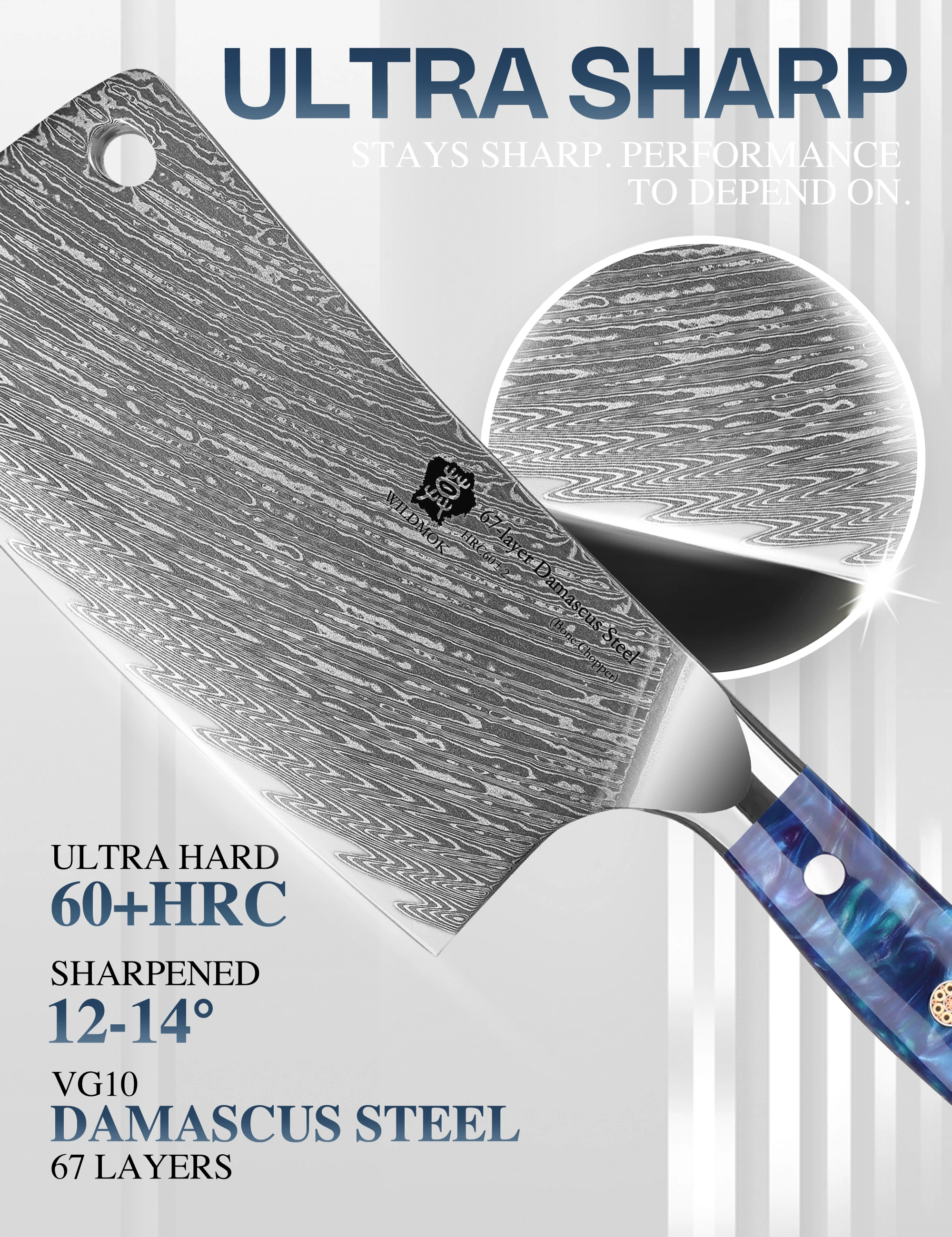 WILDMOK Heavy Duty Bone Chopping Knife Damascus Steel 6.5 Inch, Full Tang Kitchen Butcher Knife for Bones Meat with Resin Handle