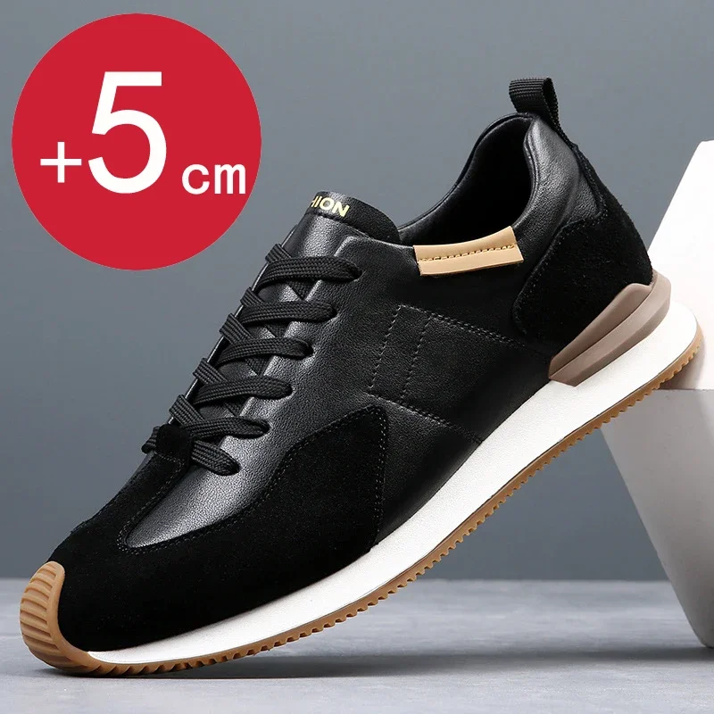 Sneakers Men Elevator Shoes Men\'s Genuine Leather Casual Taller Shoes Man Hidden Heels 5cm Heighten Inner High rise Lift Shoes