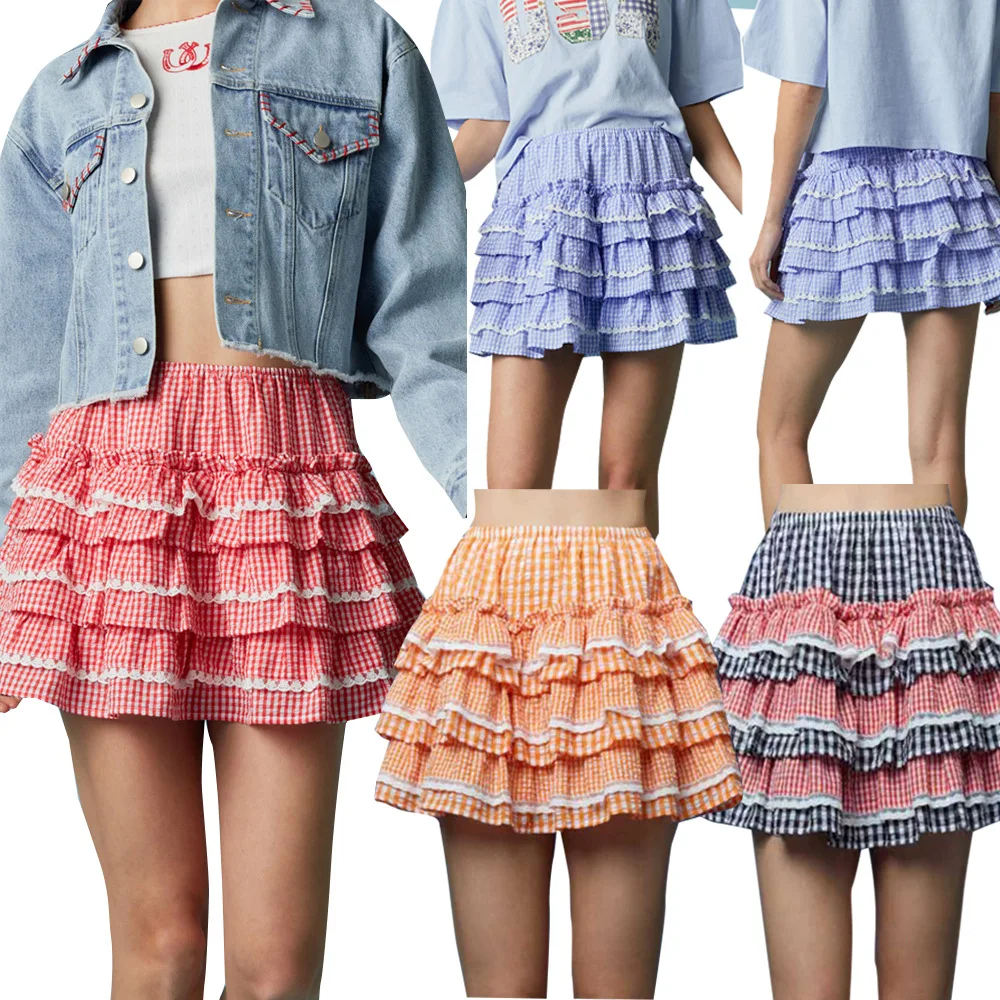 2025 New Summer Styl Women’s Multi-layer Plaid Seersucker Lace Splicing Sweet and Sexy Puffy Short Skirt Explodes