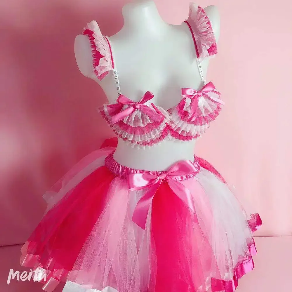 Feminino rosa biquíni mini saia conjunto sexy equipe de dança gogo outfit bar boate festa palco wear dançarino cantor desempenho traje b