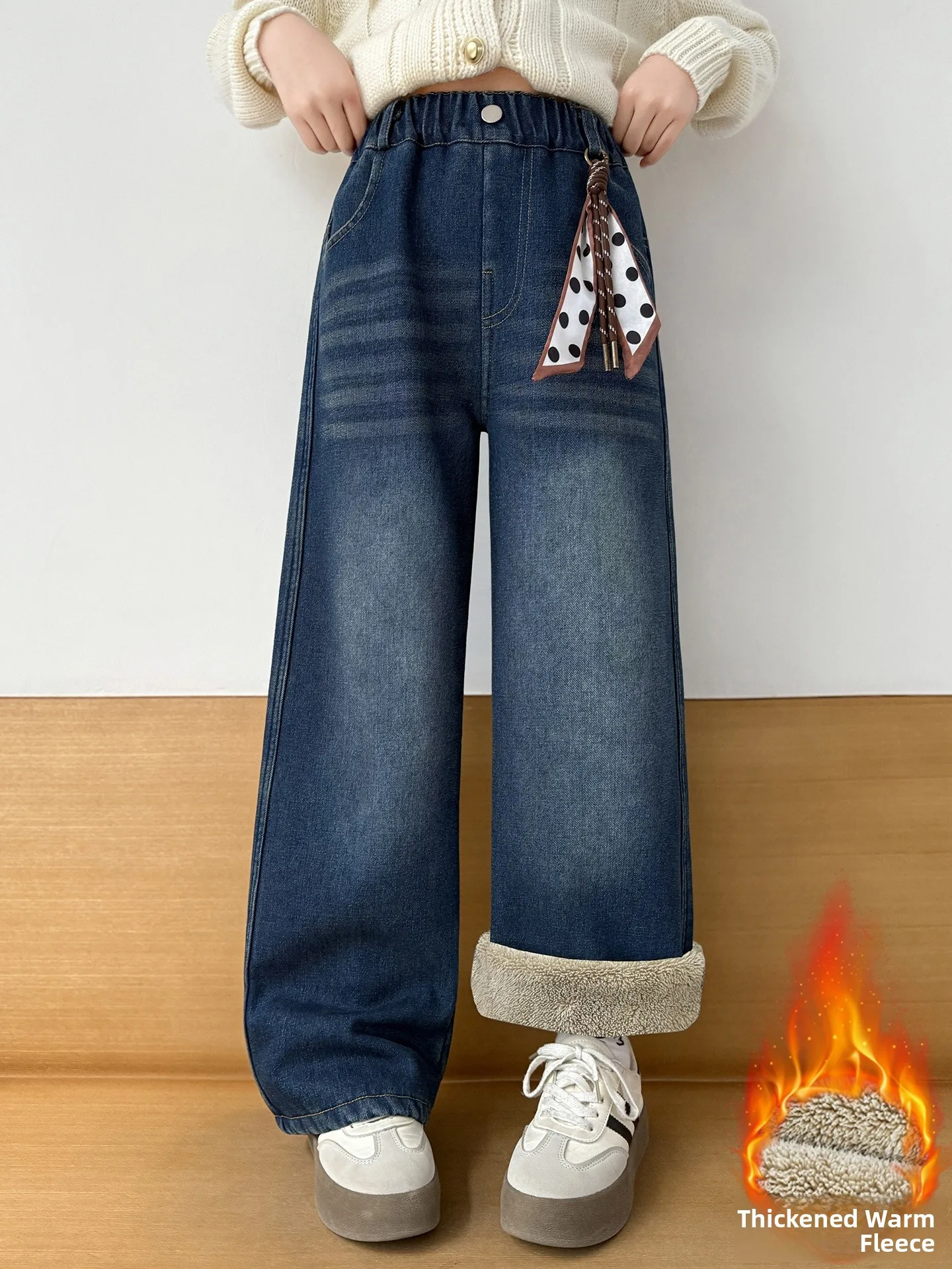 

Thiened Fce Autumn Winter Jeans for Girls High Waist Wide Leg Bootcut Denim Trousers Warm Casual Sle Children's Clothing