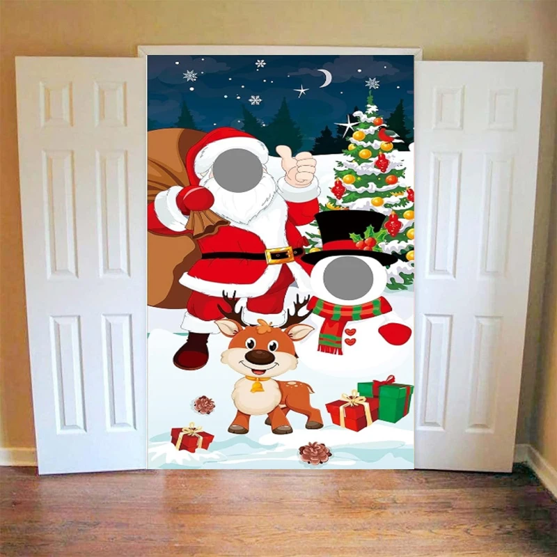 Photography Backdrop Christmas Photo Face In Hole Props Stand In Santa Snowman Face Cutout Background Party Backdrop Wall Banner