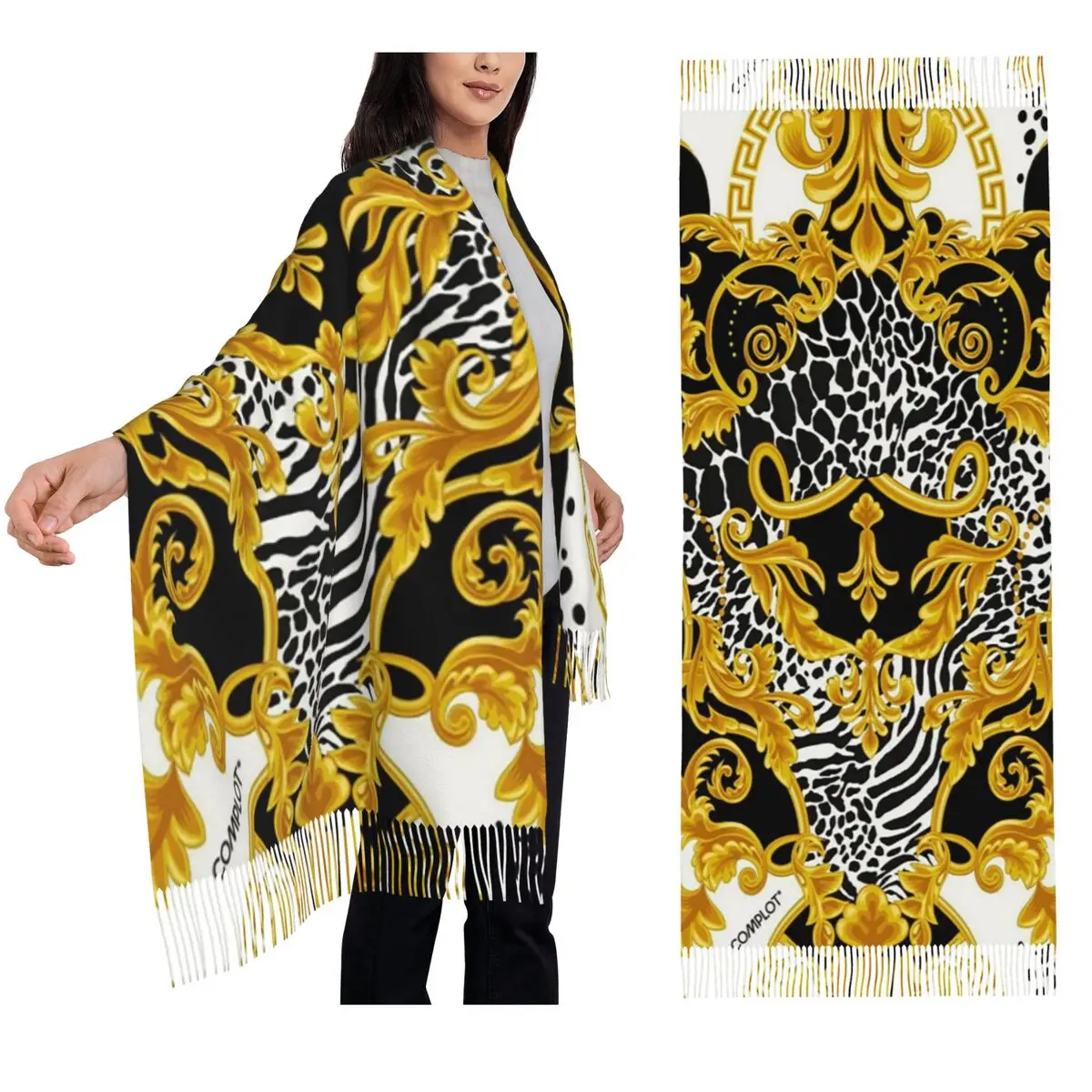 Q-Queen-S из абсолютного всего, золотой шарф в стиле барокко, шарфы с кисточками, женские теплые шали и накидки, большая осенне-зимняя шаль