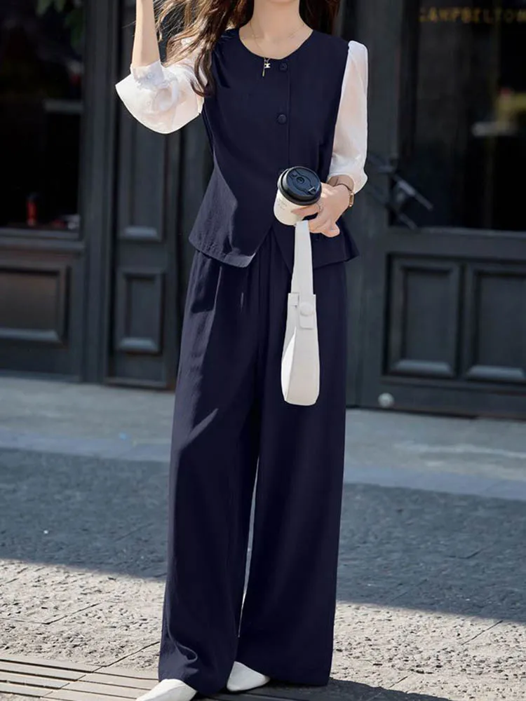 Ensemble pantalon Design coréen pour femmes, col rond épissé, simple boutonnage, hauts tendance, ample, élastique, taille haute, pantalon droit