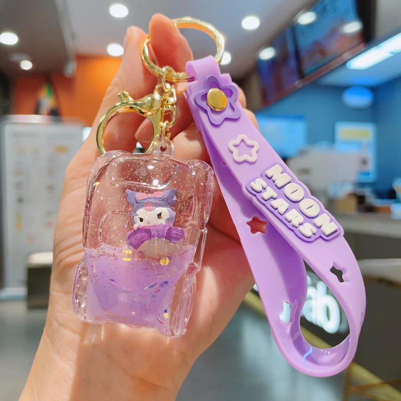 Miniso الكرتون الرمال المتحركة سيارة سانريو المفاتيح لطيف كورومي الانجراف زجاجة المفاتيح قلادة هدية