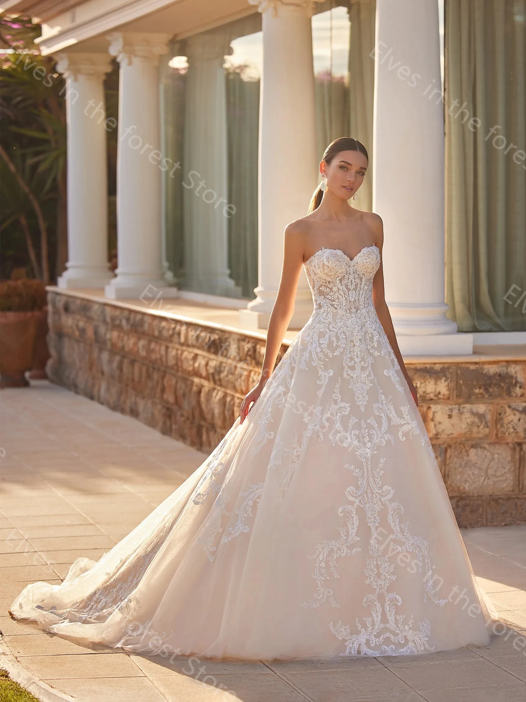 Vestidos De novia De línea A De lujo, Apliques De encaje sin mangas, Vestidos De graduación para novia, lentejuelas brillantes, tren largo