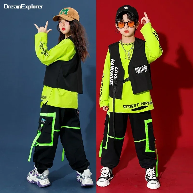 Girls Streetwear Boys Hip Hop Vest Sweatshirt Cargo Pants Kids Street Dance Caps Clothes Sets Child Jazz Outfits Cool Costumes