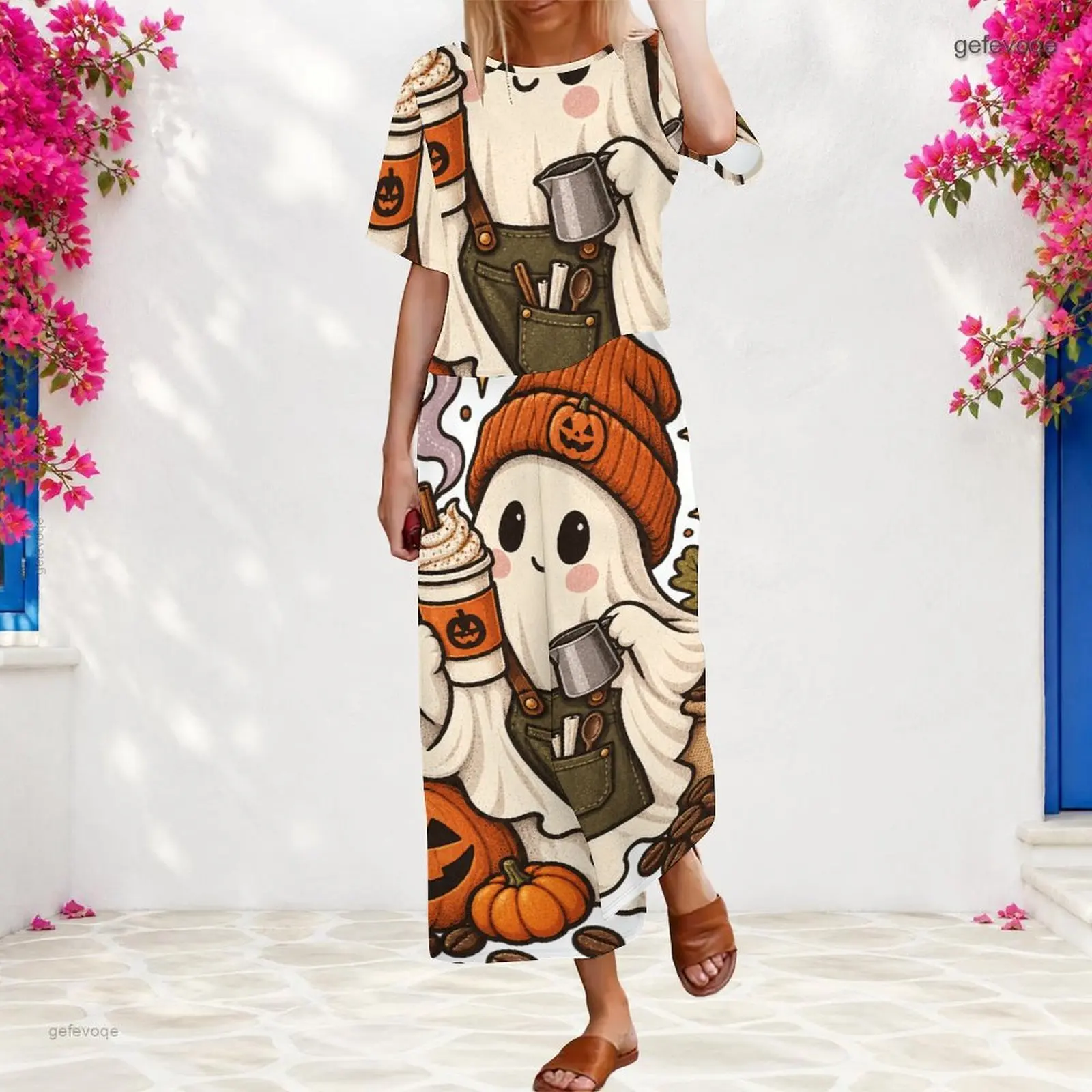 Women 2 Piece Outfit Round Neck Short Sleeve Top With Elastic Waist Wide Leg Pants Set Custom Print Ladies Casual Loungewear