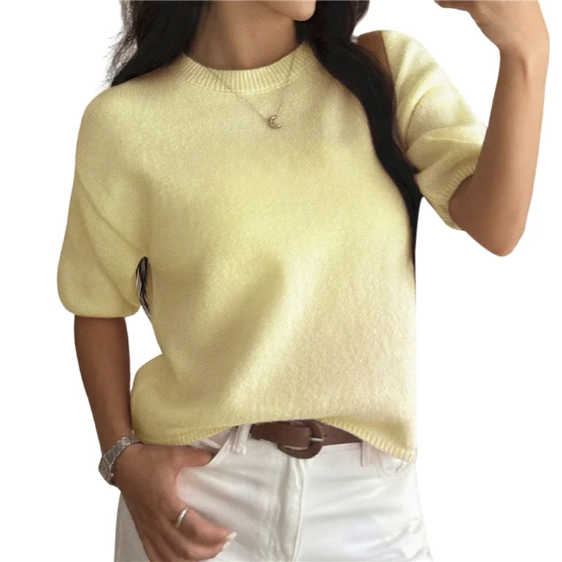 

Womens Summer Short Sleeve Tops Crew Neck Light-Weight Pullover Sweaters Loose Dressy Casual Blouse Basic Clothes