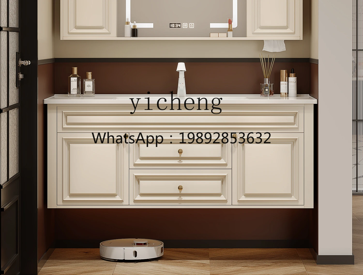 

bathroom cabinet combination retro solid wood ceramic integrated basin washbasin cream toilet washbasin
