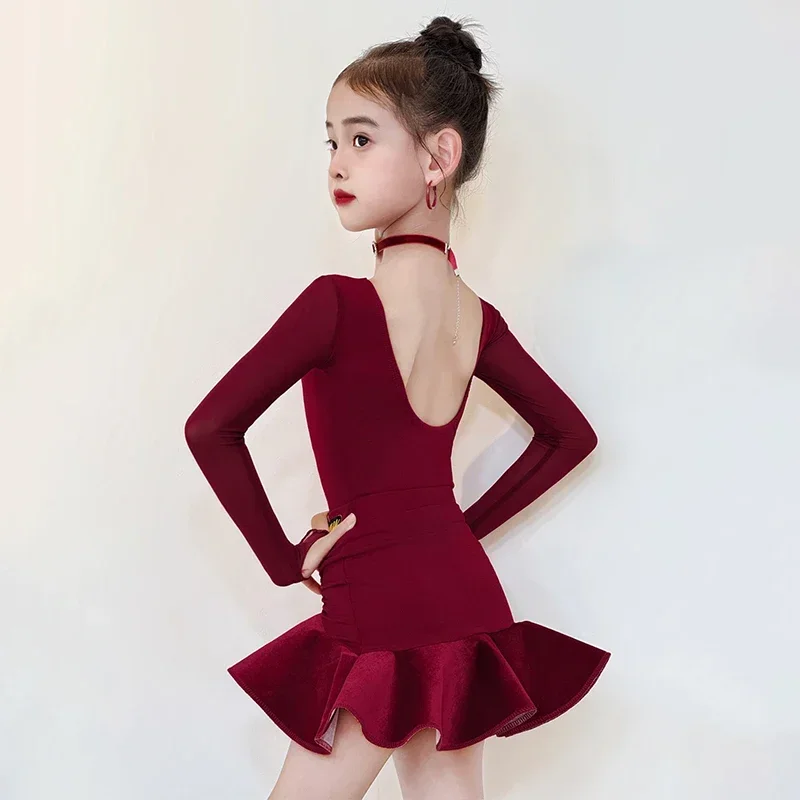 新しいラテンダンスの服競技用女の子ステージパフォーマンス衣装レッドトップスカートスプリットセット子供トレーニングウェア