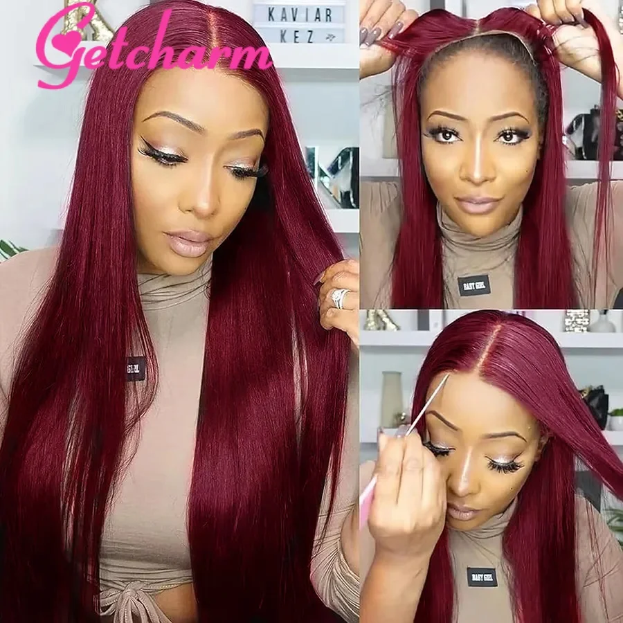 Burgundy 13x4 Straight HD Lace Frontal Wigs Human Hair 180% 99j Red Colored Glueless Lace Front Human Hair Wigs 5x5 Closure Wig