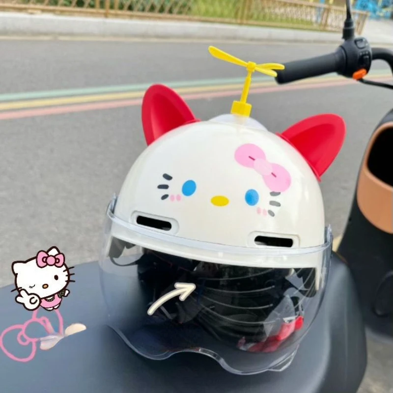 Cute Motorcycle Helmet Electric Vehicle Helmet HelloKitty Cat Ears Female Bamboo Dragonfly Children Summer Sun Protection Adult