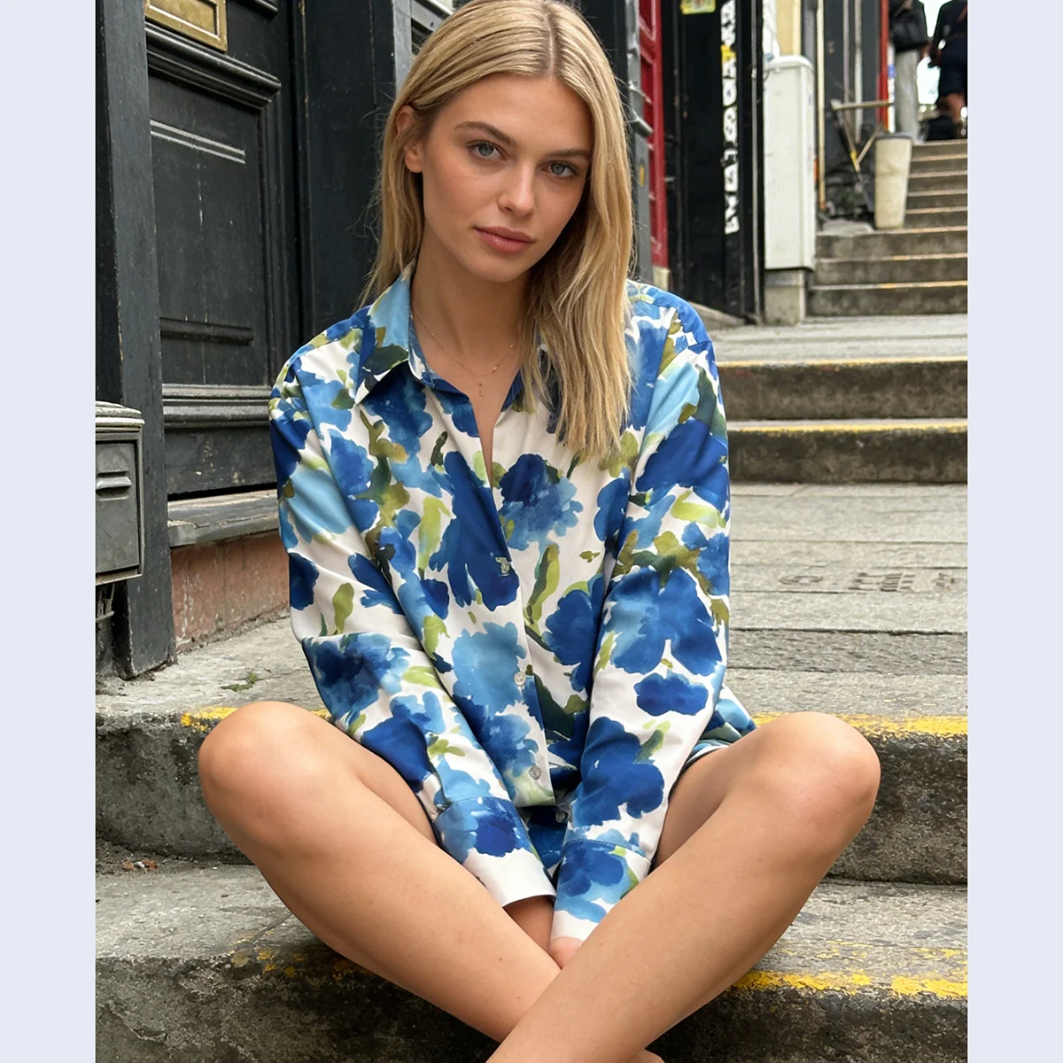 

2026 Blue Floral Print Shirt Women 2026 Fashion Abstract Oil Painting Blouse Long Sleeve Button Up Lapel Tops Blusas De Mujer
