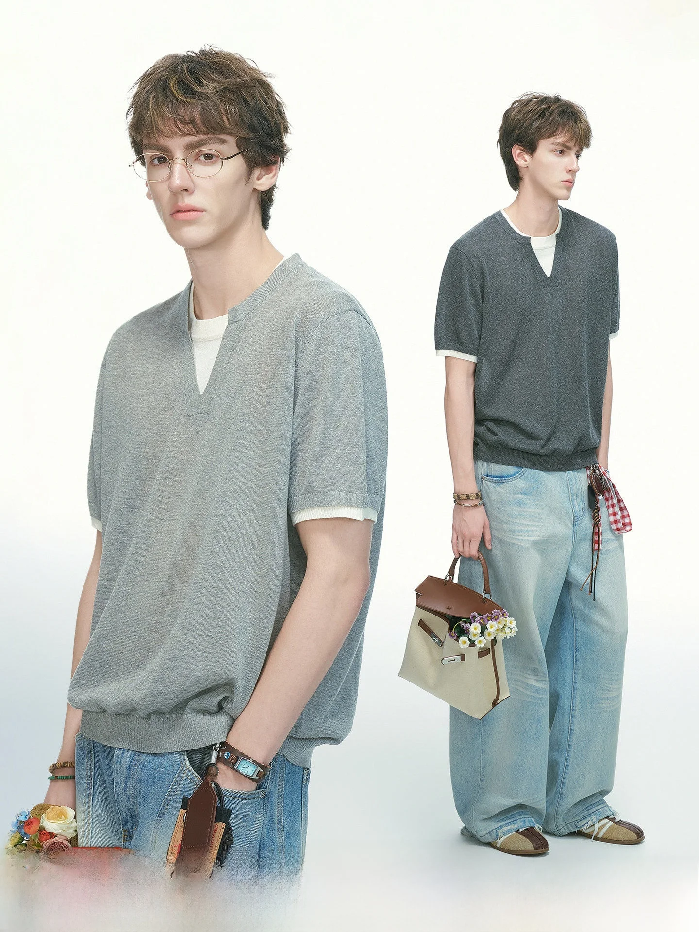 

Dream Made Men's V-Neck Short Sleeve T-Shirt Summer Casual Loose Fit round Neck Pullover Top Silk-Like Fabric Youth Trend