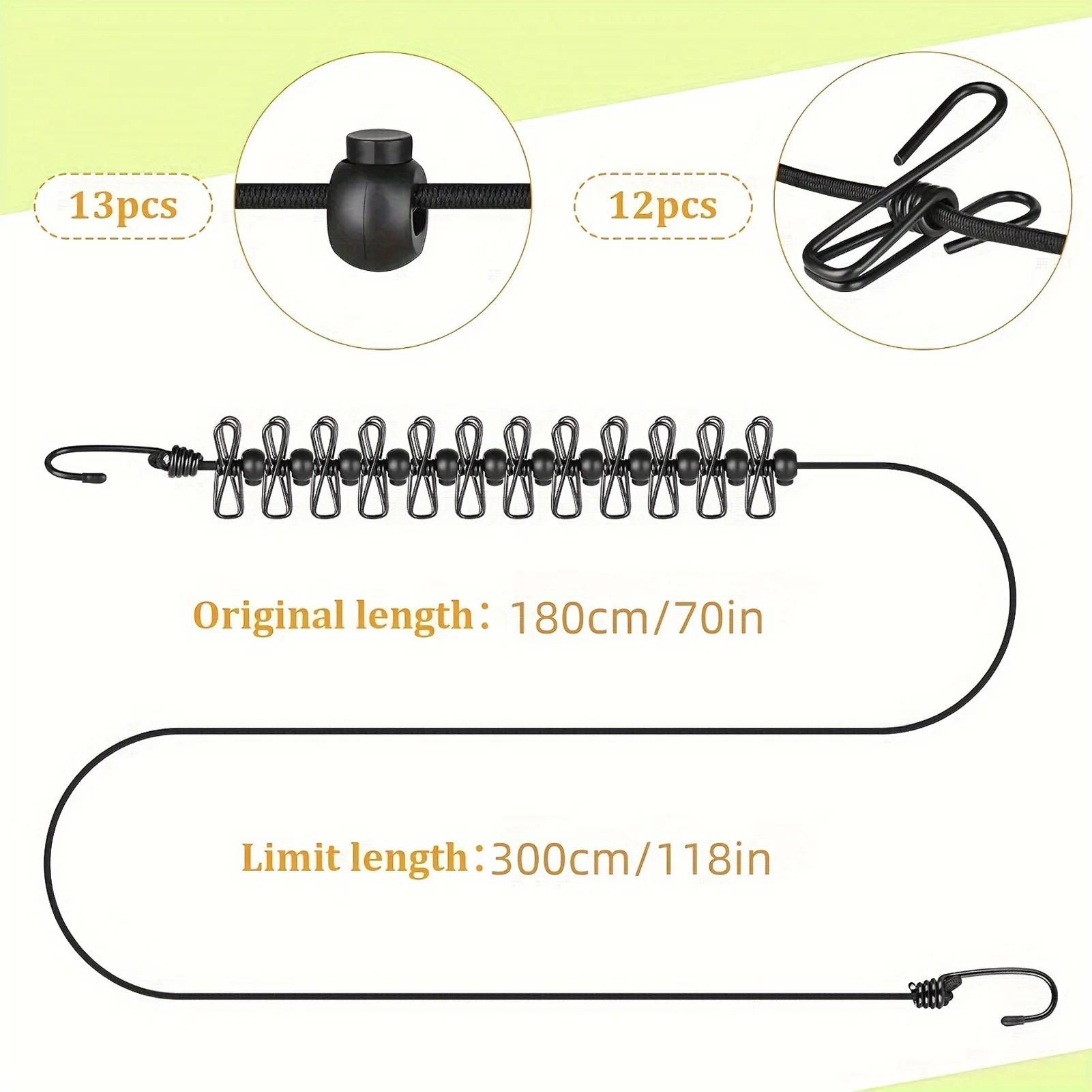 حبل غسيل محمول للسفر مع 12 مشبكًا من البلاستيك غير قابل للانزلاق وحبل تجفيف الملابس للسفر المنزلي والتعليق في الهواء الطلق