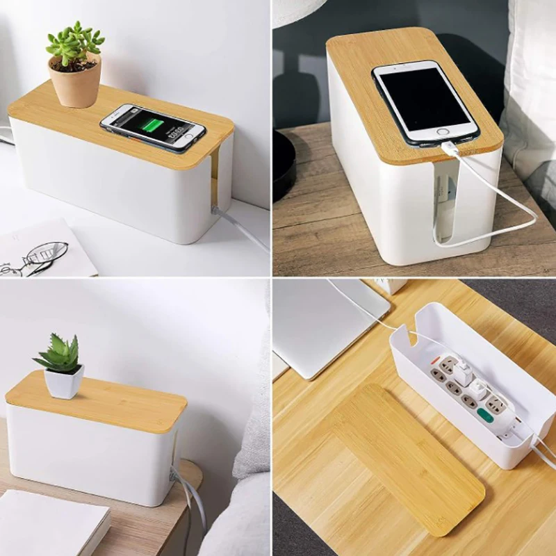 Cable Storage Box Power Strip Case Wooden Power Line Wire Management Organizer Anti-Dust Charger Socket Network Line Storage Bin