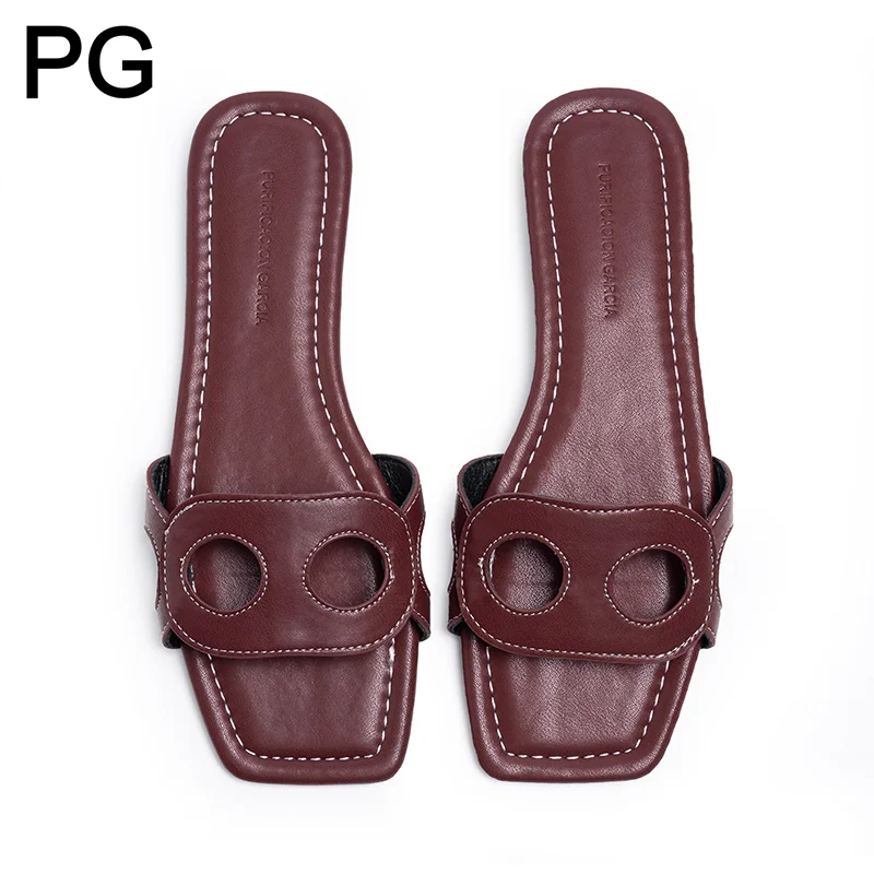 PG Minimalist Square Front Slide Sandals Double Hollow Detail Low Flat Heel Spanish All Match Office Commute Summer Footwear