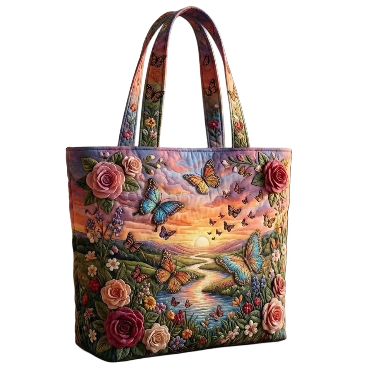 Butterfly & Rose Print Quilted Tote Bag Scenic Sunset Shoulder Bag Floral Handbag for Women Men Casual Use