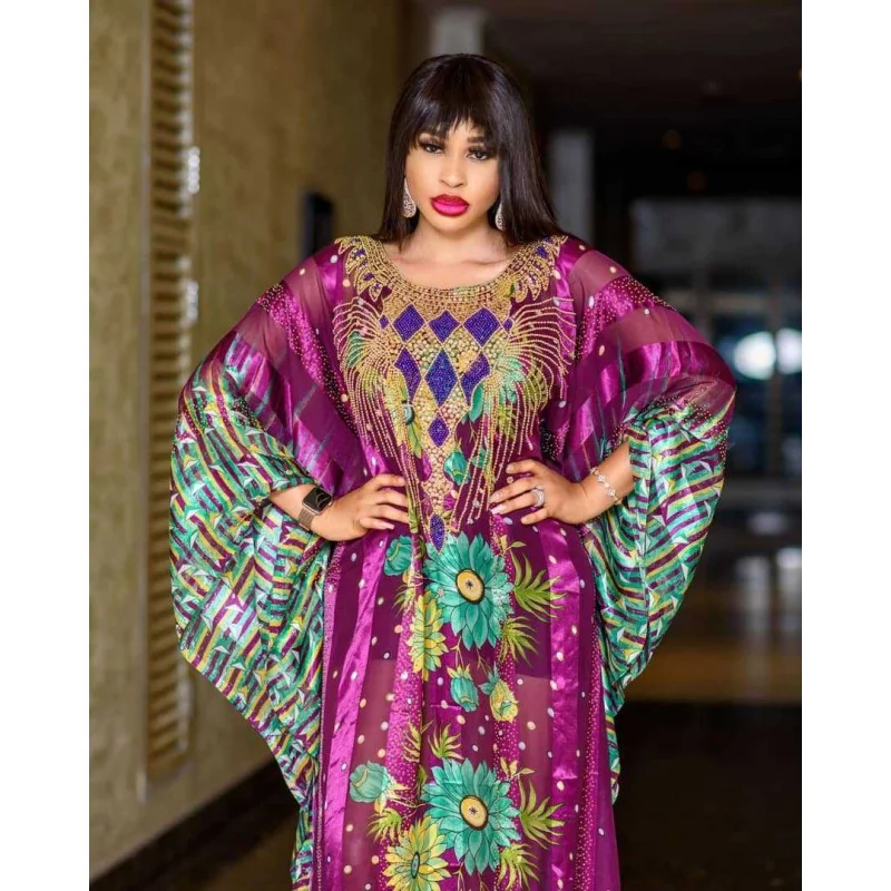 

African Ethnic Style Women's Dress with Large Hem Chiffon Rhinestone and Beaded Inner Skirt Two-Piece Set