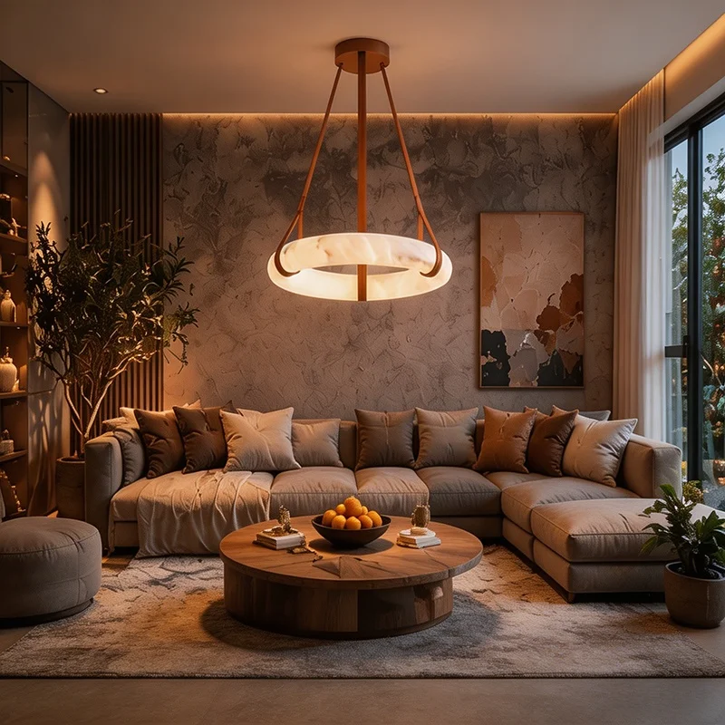 Single Ring Alabaster Chandelier Spanish Marble Circular Pendant Light for Dining Room Kitchen Island Leather Belt LED Lamp