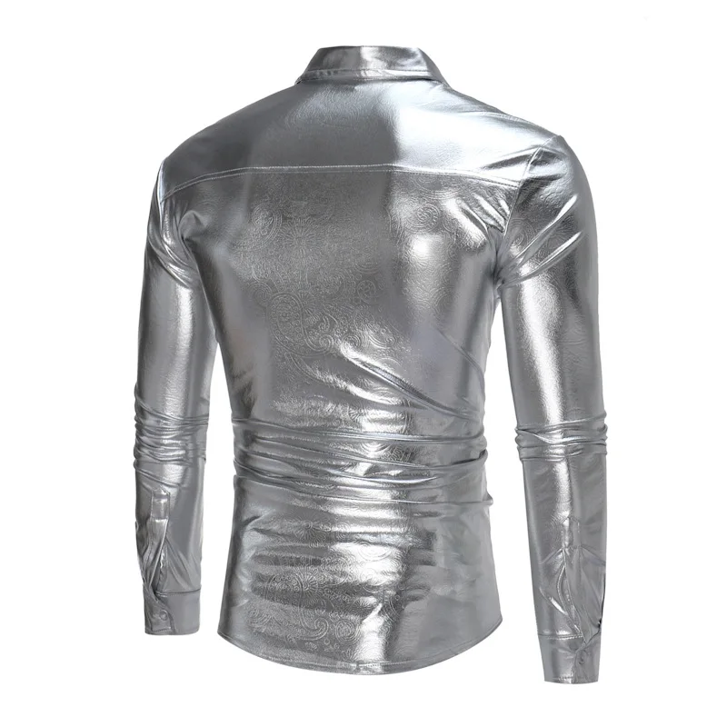 Winter Autumn Men Leather Shirt Nightclub Coated Metallic Silver Gold Black Men Shirt Long Sleeve Button Down S-XXL