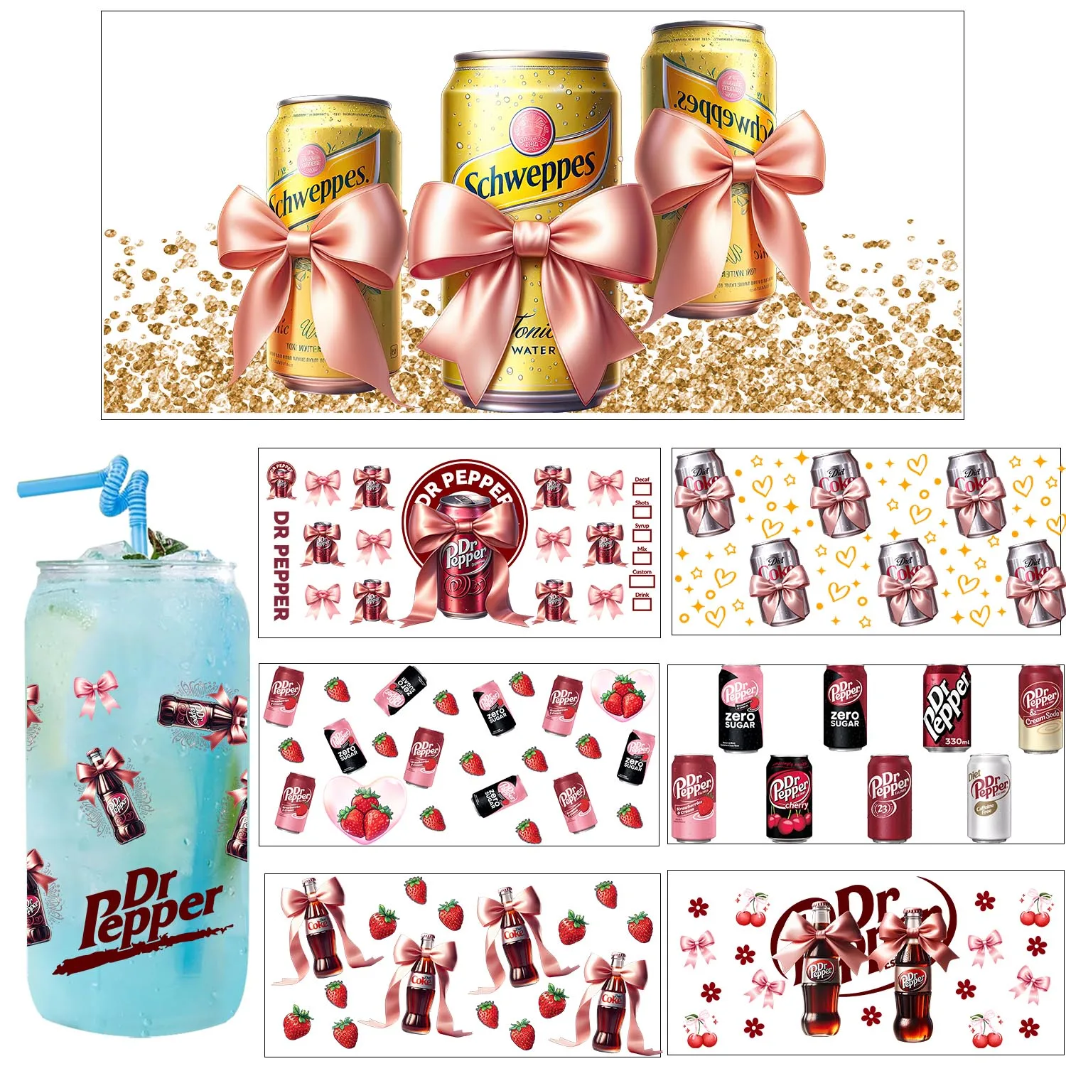 1/5 sheets Adult soda beverage Sticker Party DIY Decals 3D transfers uvdtf stickers 16oz uv dtf cup wraps