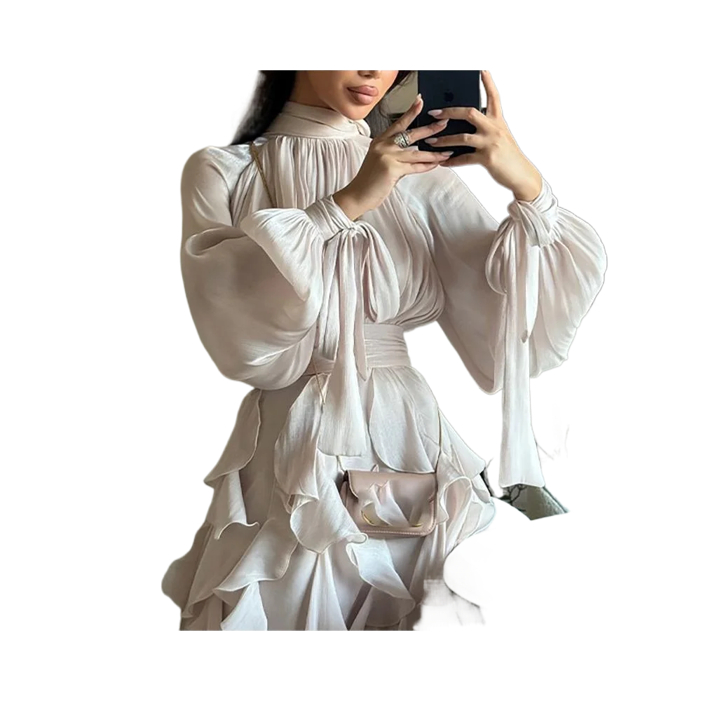 Mode hoge taille plooi feestjurk dame casual hoge kraag gelaagde banketjurk elegante effen kleur avondjurk met lange mouwen - afbeelding 2