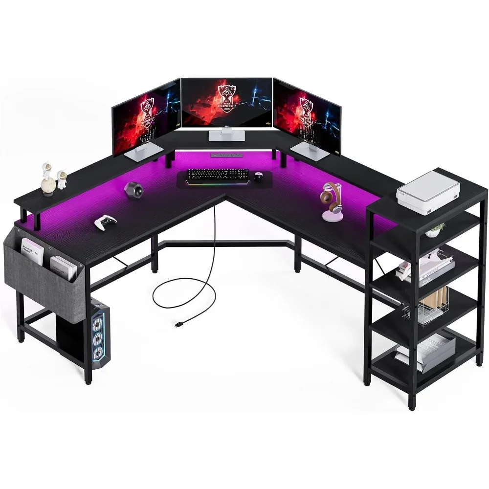 

L Shaped Desk with Power Outlets & LED Lights, 62" Computer Desk with Full Monitor Stand & Storage Shelves