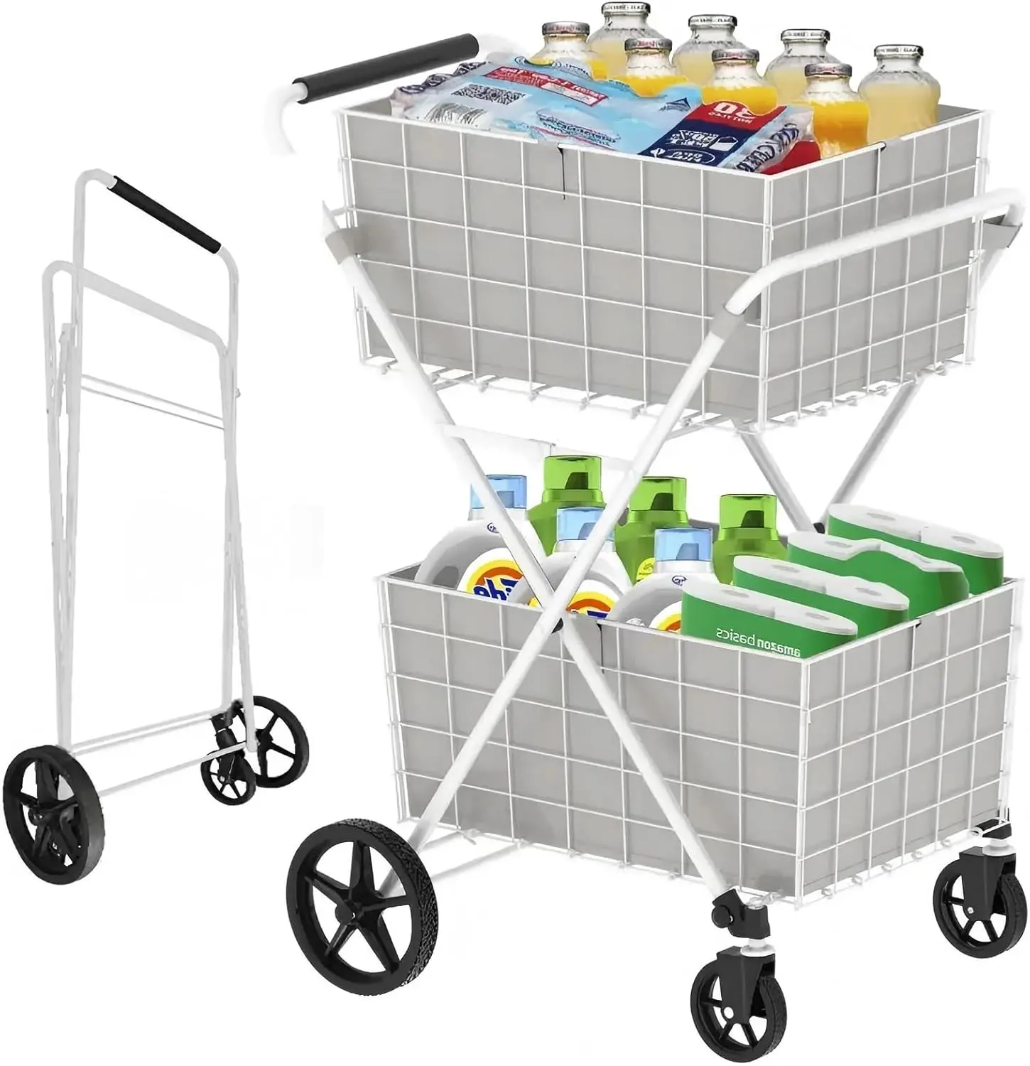 عربة تسوق كبيرة قابلة للطي بوزن 220 رطل على عجلات للبقالة، عربة بقالة كبيرة جدًا بطبقتين مع 2 قابلة للإزالة (أبيض) #2