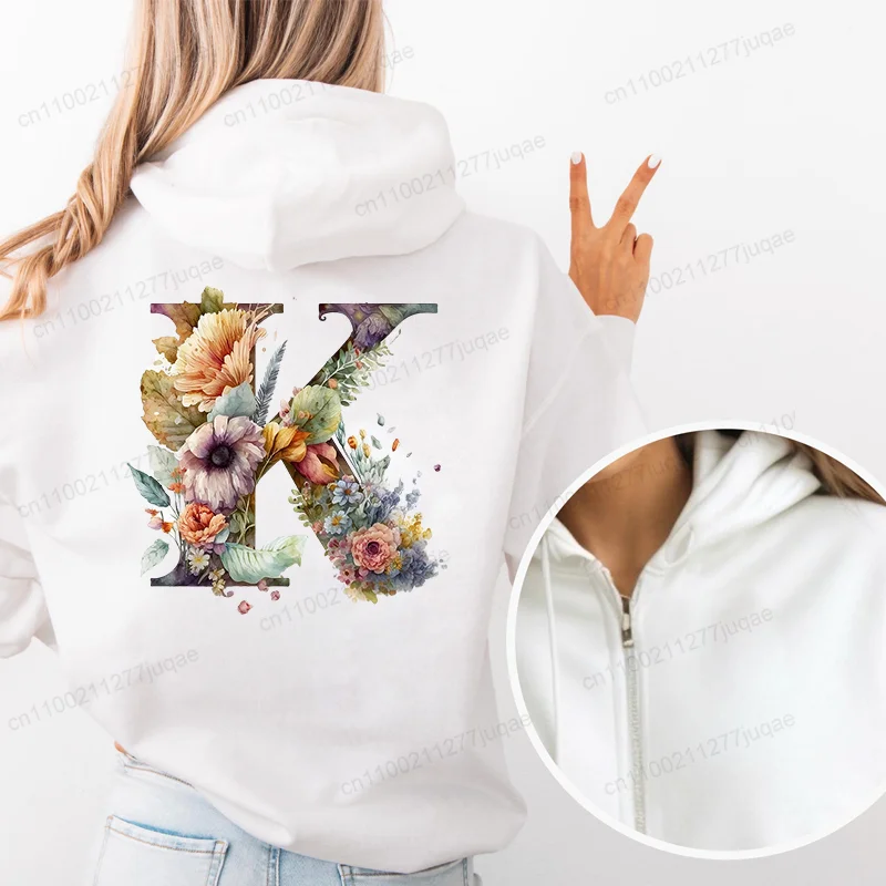 ألوان مائية زهرة نباتية حرف A ~ Z جرافيك موضة زمم هوديي المرأة الخريف Harajuku Y2K الملابس الإناث البلوز السترات #1