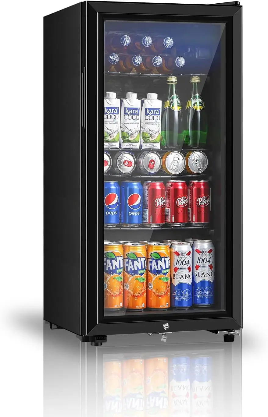 Mini Refrigerador de 3.2 Pies Cúbicos con Puerta de Doble Vidrio, Enfriador de Bebidas para Refrescos, Cerveza y Vino, Estantes Ajustables, Negro
